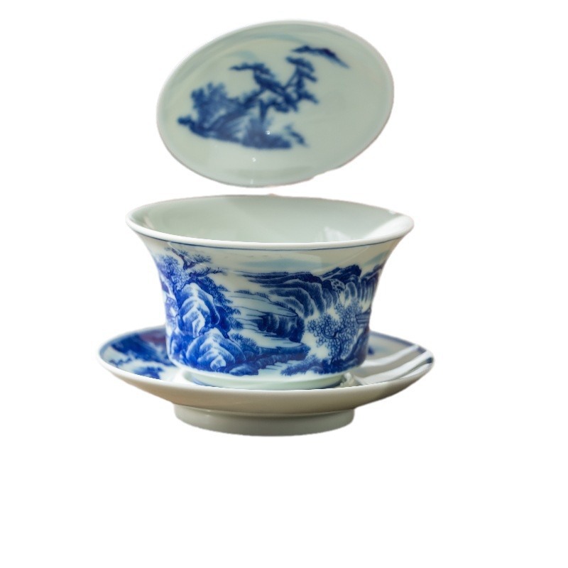 Bát có nắp tam tài sứ trắng xanh Jingdezhen bát có nắp gốm sứ tráng men màu thủ công cổ điển sang trọng nhẹ bát pha trà trắng gia dụng