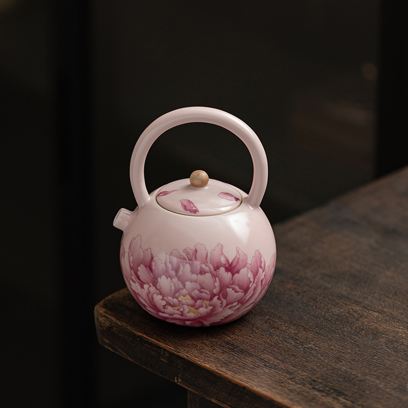 Ấm trà bộ trà gốm sứ có thể nâng bằng hoa mẫu đơn lò Ru màu hồng ấm trà bộ trà kung fu gia dụng