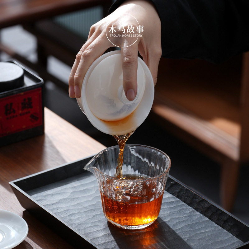 Cốc trà có nắp sứ trắng vẽ tay cao cấp, bát trà hồng phong cảnh đơn, cốc pha trà ngọc cừu loại đá Đức Hoa