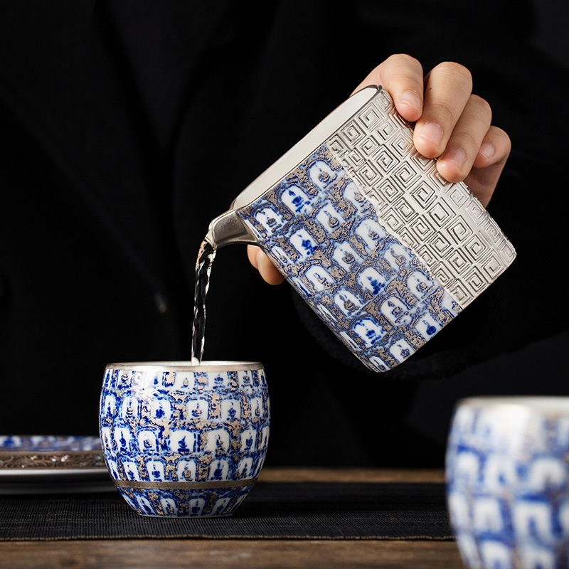 Bộ tách trà bốn phương ngàn phật xanh lam mạ bạc, quà sinh nhật nam nữ lãnh đạo người lớn tuổi, quà tặng khách hàng