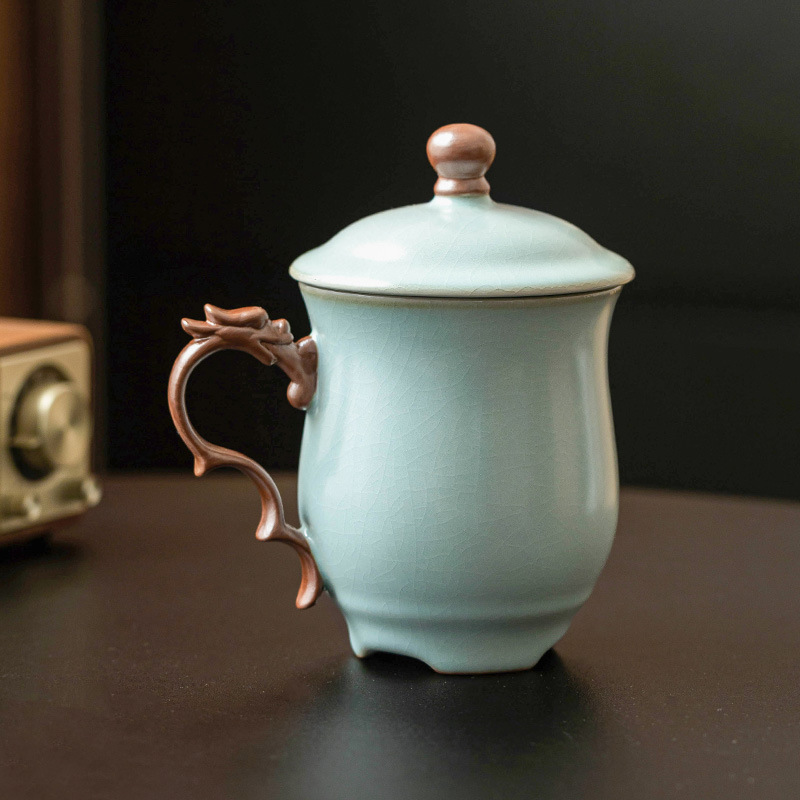 Cốc mug lò Tianqing Ru có nắp cốc văn phòng rồng màu lục lam cốc gia dụng cốc uống trà cốc nước sang trọng cốc sứ