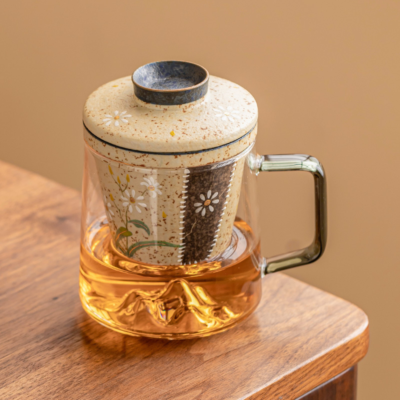 Cốc trà thủy tinh đỏ đá lửa trắng cốc có tay cầm vẽ tay hoa cúc nhỏ cốc văn phòng tách trà tách trà