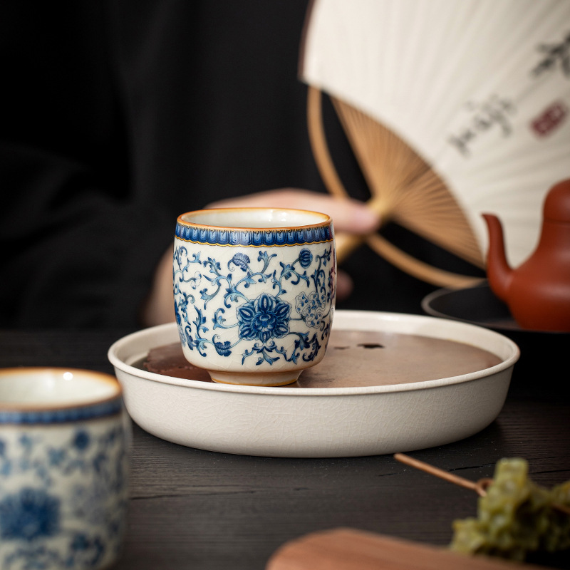 Cốc trà cá nhân hoa sen xanh và trắng Ruyao cốc chủ sở hữu cốc mở chuyên dụng cá nhân có thể nâng cốc đơn Kung Fu bán buôn cốc trà
