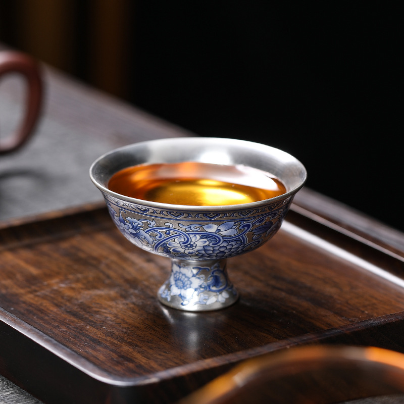 Cốc trà 999 màu xanh và trắng cổ điển mới cốc trà bạc mạ gốm sứ gia dụng đơn tách trà bộ trà Kung Fu cốc trà