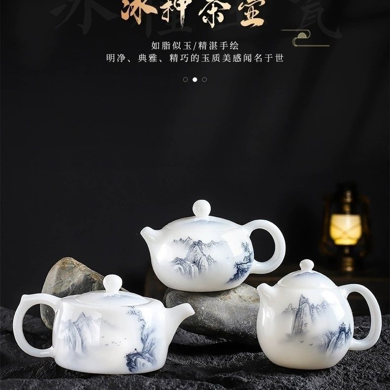 Guo Zhibao Ấm trà thủ công Trung Quốc trắng mỡ cừu ngọc bích men nung vẽ tay phong cảnh Xi Shi Ấm trà Kung Fu