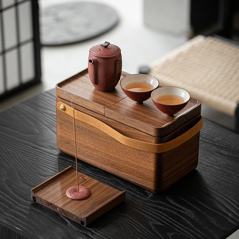 Túi đựng đồ Bộ trà du lịch ngoài trời bằng Gỗ Óc Chó kiểu Trung Quốc Mới Túi đựng đồ hộp đựng ấm trà đựng đồ trên xe ô tô xách tay