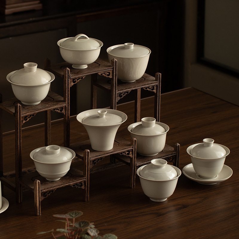 Bát có nắp thứ hai màu xám thực vật Bát pha trà thủ công đơn giản Bát trà gốm sứ quà tặng Trung Quốc mới Bộ trà Kung Fu