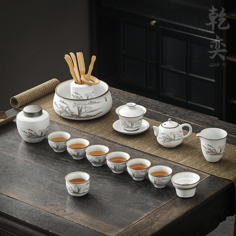 Bộ ấm trà Ru Kiln Bộ hộp quà bát ba nắp gốm sứ cốc pha trà cao cấp Bộ ấm trà Kung Fu tặng quà cốc công bằng gia dụng