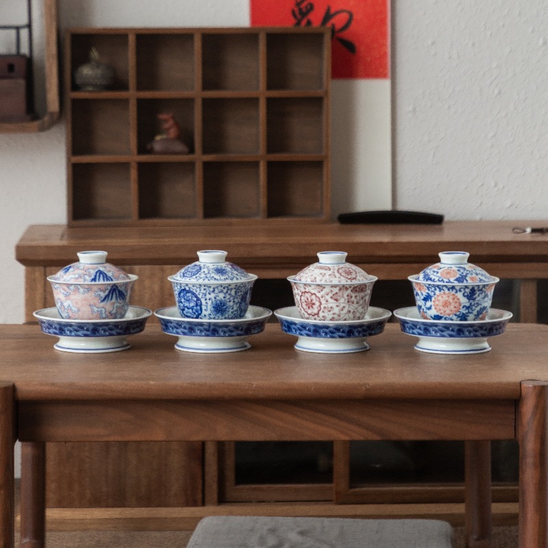 Bát có nắp ba tài bằng sứ trắng xanh, bát có nắp lớn, bát pha trà thủ công, bát trà tráng men đỏ, nhà sản xuất bán buôn