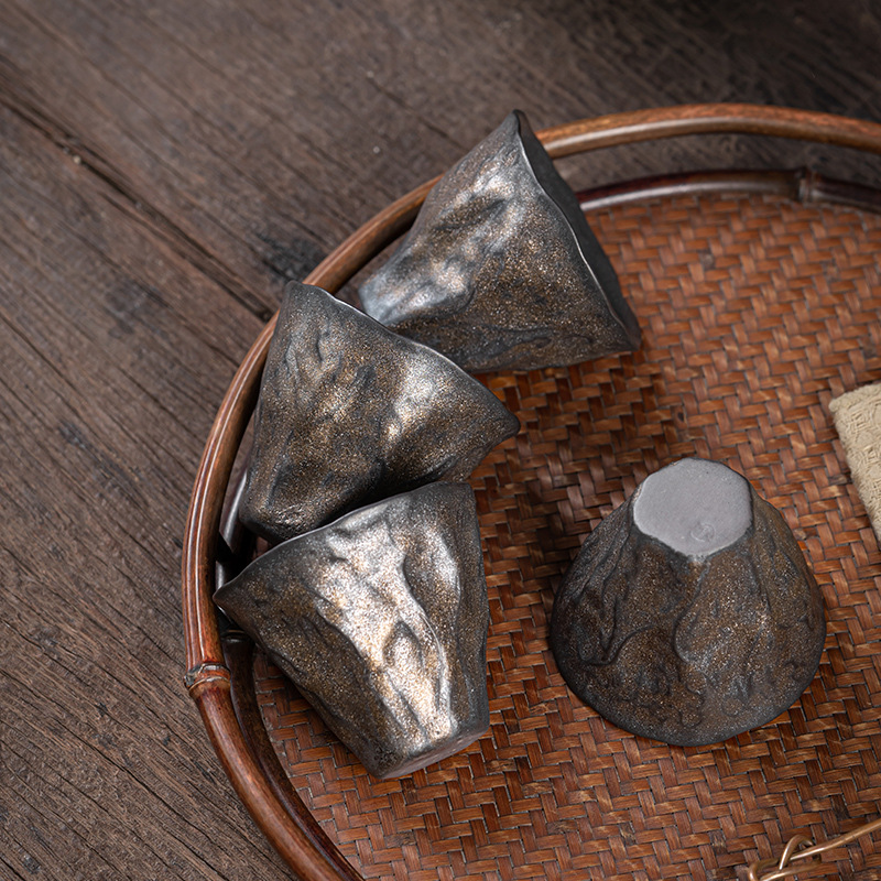 Cốc Trà Hoa Sen tráng men sắt mạ vàng kiểu Nhật, cốc trà gốm thô cổ điển thủ công, Cốc thơm, cốc đơn cỡ nhỏ