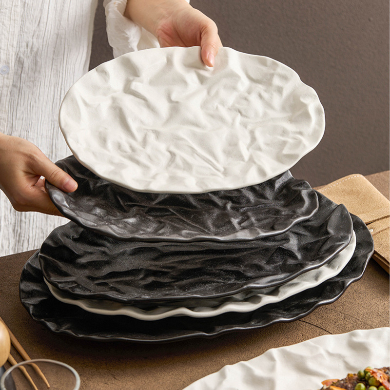 Đĩa cá hoa văn vải Đĩa cá hấp chịu nhiệt độ cao Đĩa món ăn gia dụng Bộ đồ ăn khách sạn Đĩa ăn kết cấu mờ cao cấp Đĩa hình bầu dục