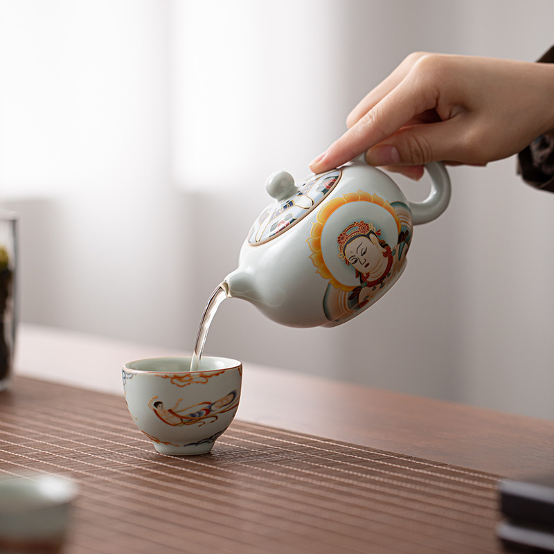 Bộ ấm chén trà treo tường Dunhuang Ru Kiln, bộ pha trà gốm sứ sáng tạo văn hóa Trung Hoa với ấm Xi Shi, chén có nắp và tách trà