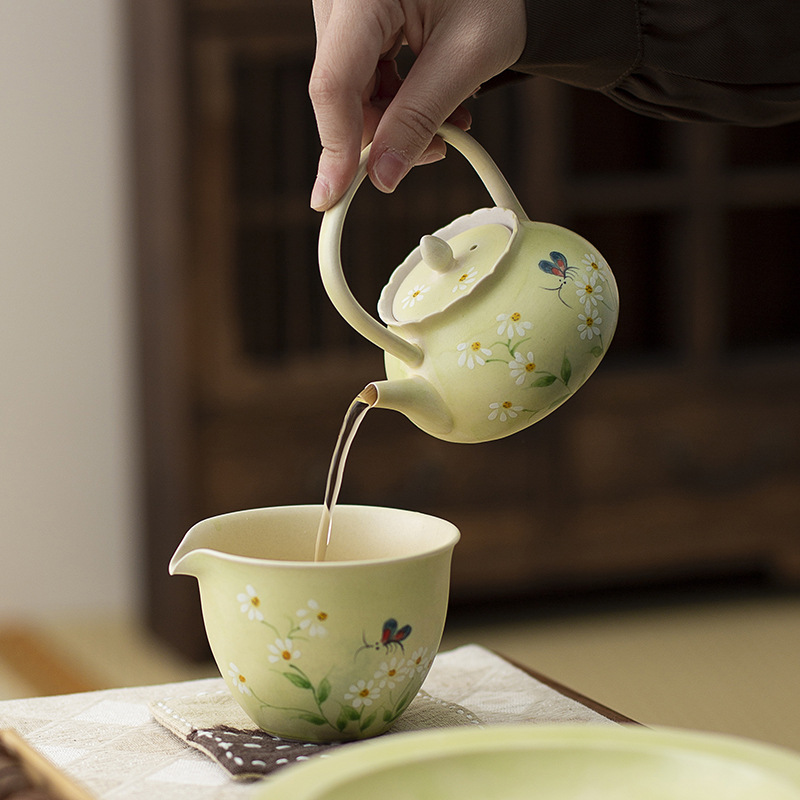Ấm trà vẽ tay, ấm trà hoa cúc tráng men màu, ấm đơn cổ điển, dụng cụ pha trà gốm sứ cao cấp gia dụng