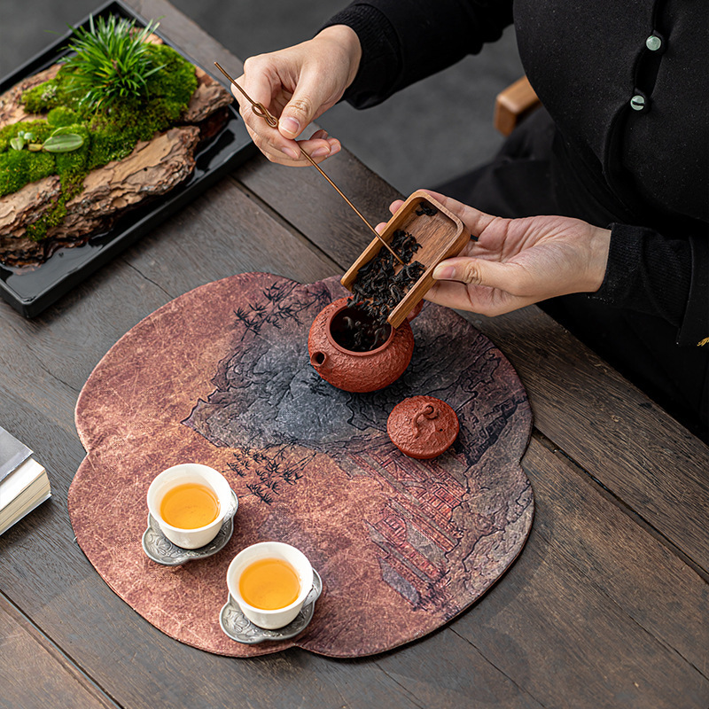 Thảm trải bàn pha trà khô hình tròn sợi mây thơm giả kiểu Trung Quốc mới vải trải bàn kiểu cổ điển cách nhiệt hai mặt Zen cao cấp vải trà