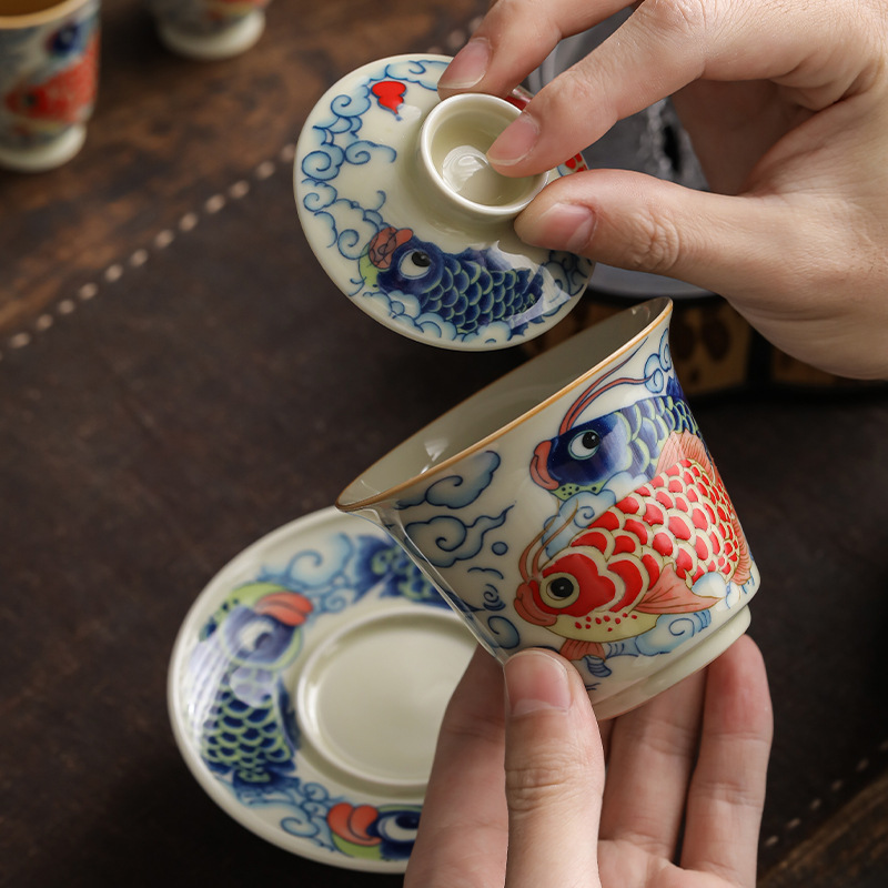 Bộ cốc trà ba nắp cá rồng móng ngựa bộ bát trà không nóng chuyên dụng cá nhân bộ trà cao cấp bộ ba món
