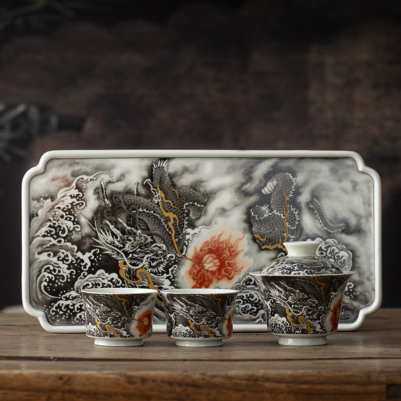 Jingdezhen Ink Color Xianglong Ercai Bát cốc trà gốm sứ Bộ trà Bát pha trà hoa văn rồng cao cấp Bộ trà Kung Fu