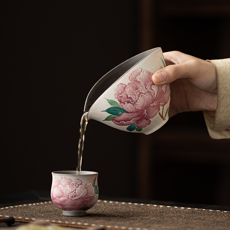 Cốc hoa mẫu đơn trang điểm nhẹ bùn đá cũ, bộ trà Kung Fu gốm sứ kiểu Trung Quốc, tách trà đồng nhất, bộ tách trà cổ điển, phụ kiện trà đạo