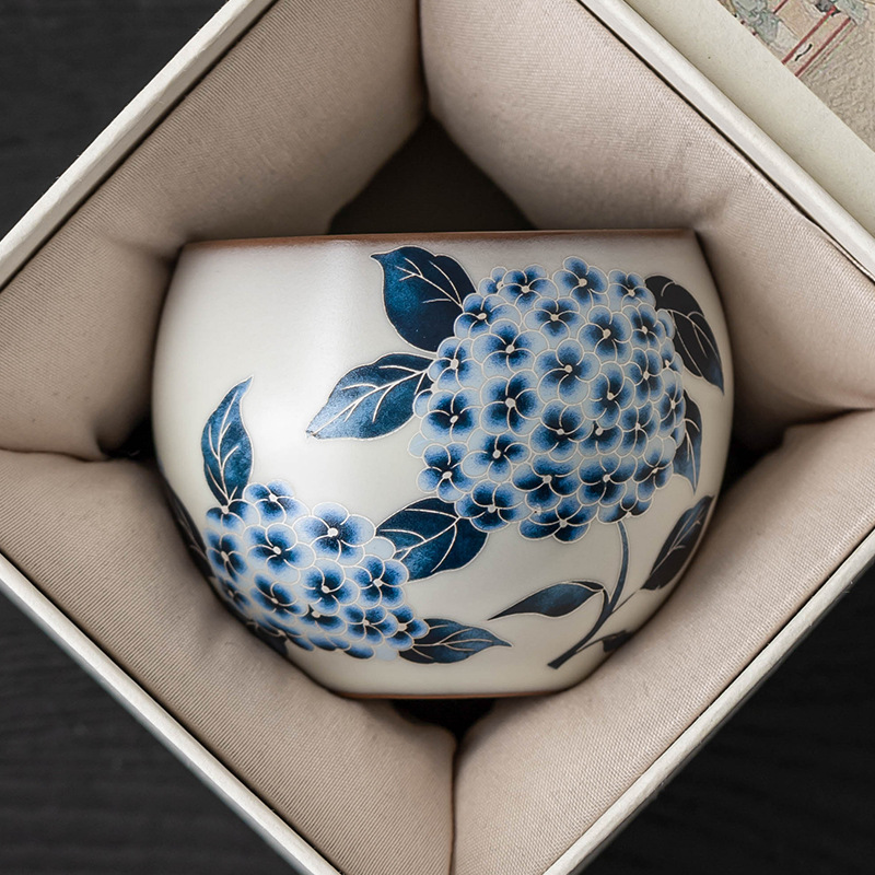 Cốc trà Ru Kiln Bộ trà gốm sứ Thiền kiểu Trung Quốc đông mỡ lợn Cốc trứng rồng hoa cẩm tú cầu Ruqing Sản phẩm gia dụng Cốc chủ nhân