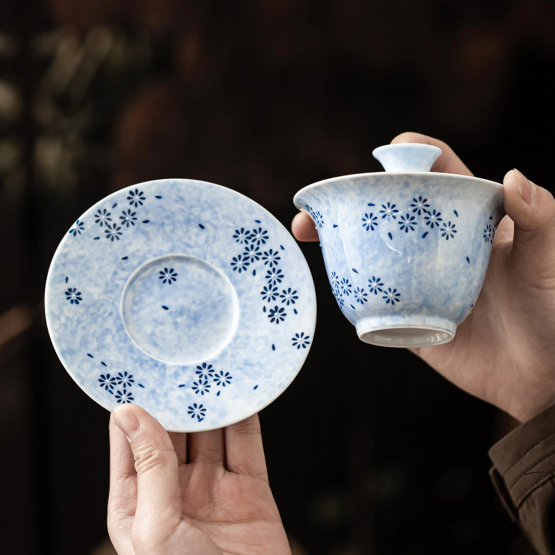 Cốc trà chén trà chén trà gốm vẽ tay tinh xảo tam tài cao cấp có nắp bộ trà kungfu dùng trong gia đình