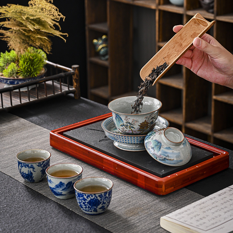 Bộ bát có nắp ba tài bằng sứ trắng xanh Jingdezhen bộ trà Kung Fu cao cấp bộ bát pha trà bộ ba món chống bỏng bán buôn