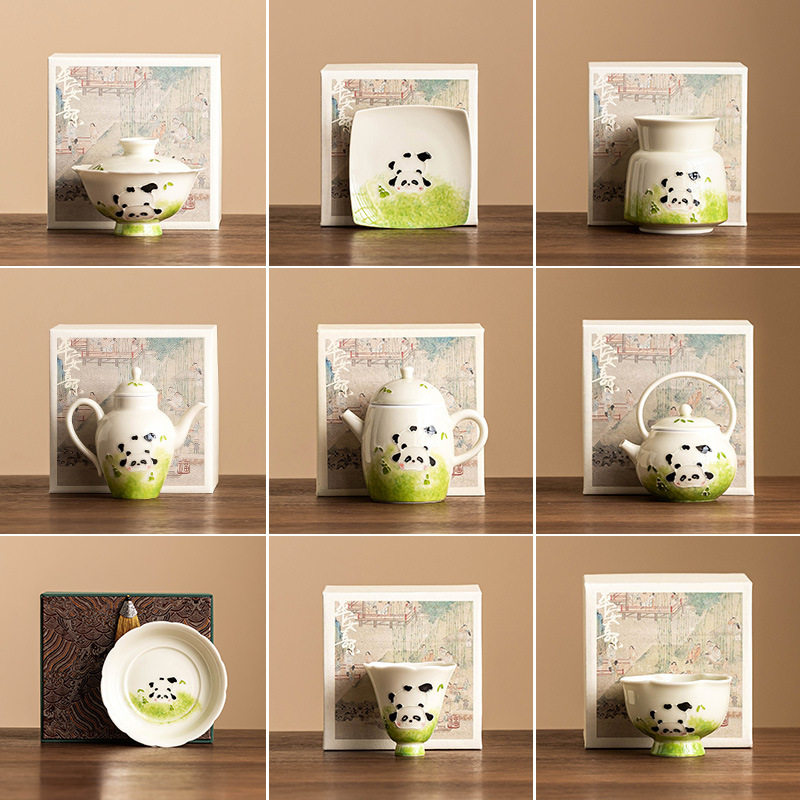 Vẽ tay gấu trúc chơi thế giới cốc trà nắp bát trà biển ấm trà phụ kiện trà đạo bộ trà sứ gia dụng kungfu đơn