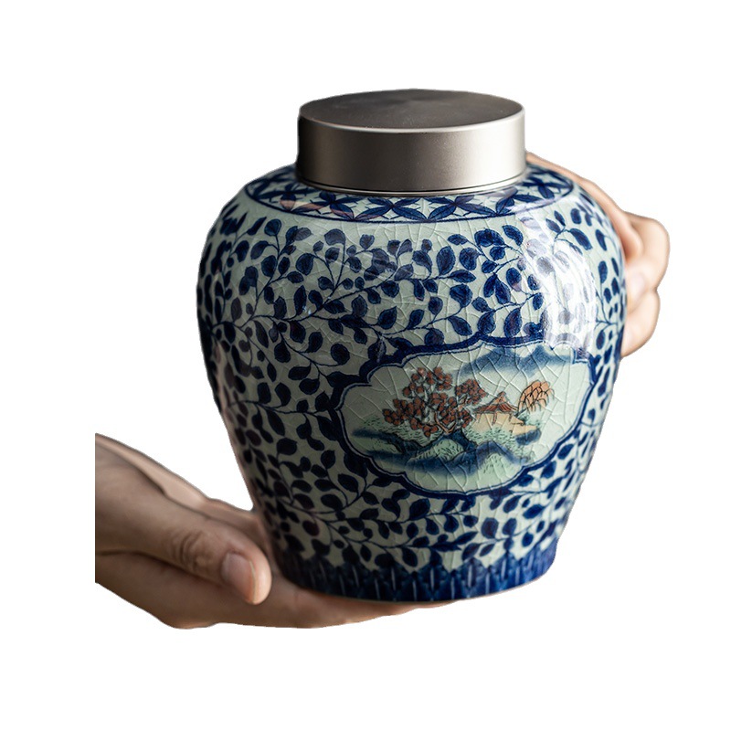 Hộp đựng trà bằng gốm sứ dùng trong gia đình HYT32659, hộp đựng trà Phổ Nhĩ, bình Ruyi dạng ống thẳng để bảo quản trà