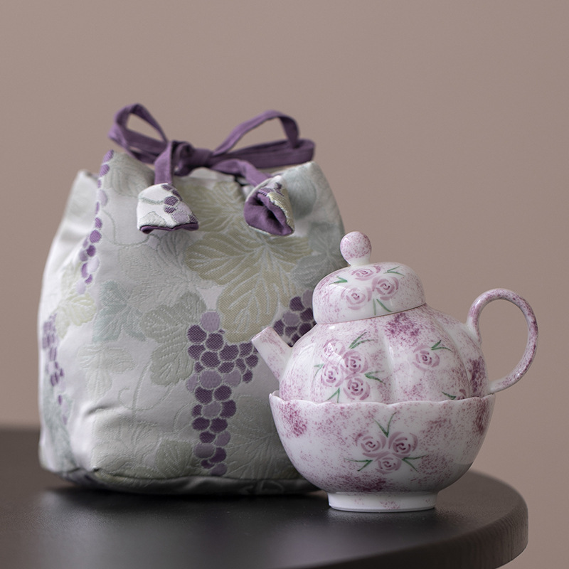 Một ấm một cốc xách tay tráng men màu vẽ tay hoa hồng gốm sứ Kung Fu bộ trà nữ ấm trà túi vải ngoài trời