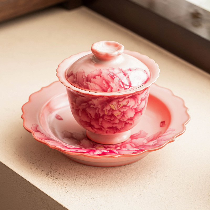 Cốc trà có nắp Sancai màu đỏ quốc gia bát trà hoa mẫu đơn pha trà bộ trà gia dụng văn phòng giá trị cao cho nữ