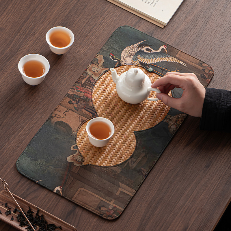 Thảm trà chiếu trúc, thảm trà, thảm bàn ăn, tấm tre, rèm trà trúc viền, thảm ăn cỡ lớn, phụ kiện trà đạo, bộ trà kungfu