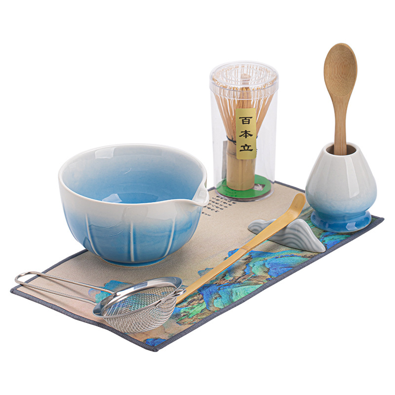 Bộ tám món Matcha có cạnh dưa sáng tạo, bát Matcha gốm sứ gradient, bàn chải trà, sàng bột, phụ kiện lọc, máy khuấy bọt