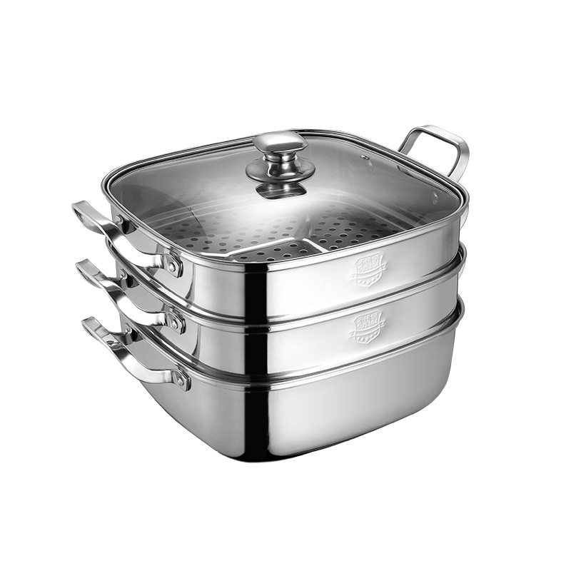 Nồi hấp vuông inox 304 mới dùng trong gia đình, khay hấp dày và nhiều lớp, hấp đa năng và nấu cơm