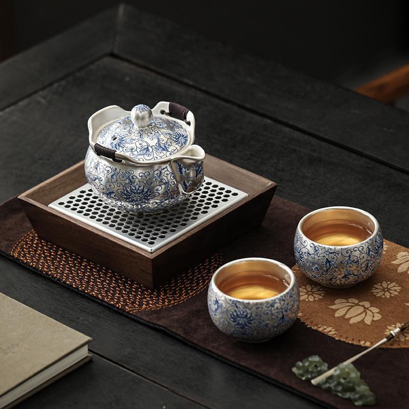 Ấm trà mạ bạc hoa sen xanh trắng cao cấp ấm trà cầm tay gốm sứ cấp sưu tầm gia dụng ấm bạc kiểu Trung Quốc
