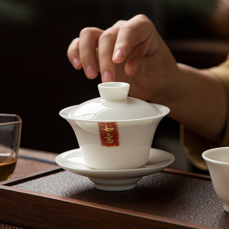 Có thể di chuột chữ viết tay chồng Vàng mỡ cừu Ngọc Tam Tài Bát sứ trắng có nắp pha trà Bát trà gốm sứ cổ điển Bát trà trắng