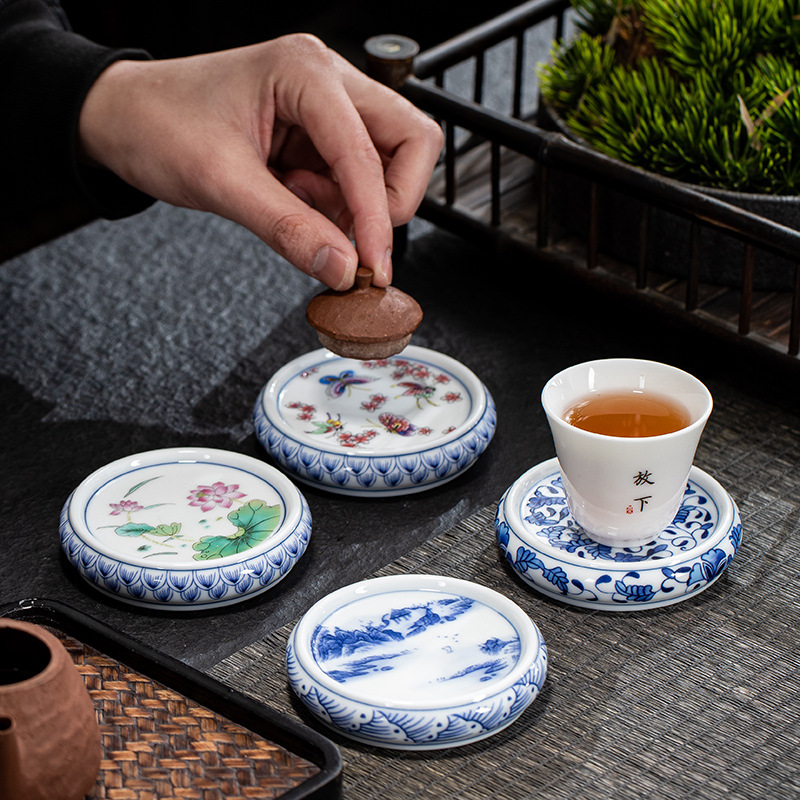 Lót cốc sứ trắng xanh cổ kính, khay đựng cốc, nắp đựng trà gốm sứ cổ điển, bình chống bỏng cách nhiệt, phụ kiện Bộ trà Kung Fu