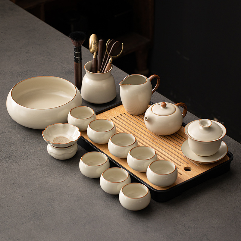 Bộ dụng cụ pha trà Kung Fu Ru Kiln Bộ dụng cụ pha trà uống trà văn phòng mẫu mới 2025 bộ cốc trà ấm trà