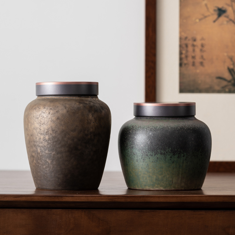 Hũ đựng trà gốm thô tráng men mạ vàng kiểu Nhật Hũ đựng trà gốm sứ gia dụng cổ điển thủ công Hũ đựng trà lớn