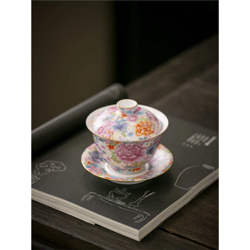 Bát trà cốc trà tam tài vạn hoa bộ trà công phu phong cách Trung Quốc bộ trà bát trà tráng men màu cao cấp gia dụng