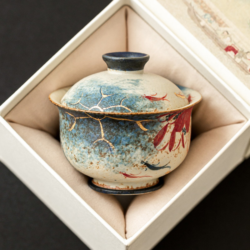 Nhà máy màu xanh và trắng đá lửa bát nắp đỏ cốc trà vàng vẽ tay hoa sen vần Koi bát trà có nắp bộ trà Kung Fu gốm sứ