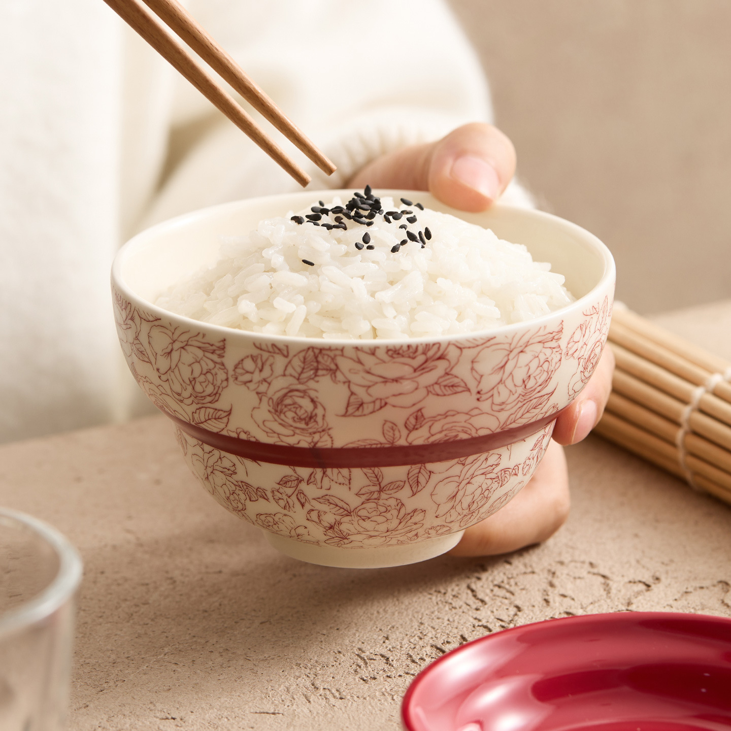 Bát hoa hồng đỏ bát cơm gốm bát cơm cá nhân bát súp gia đình cao cấp bát nhỏ màu men đồ ăn