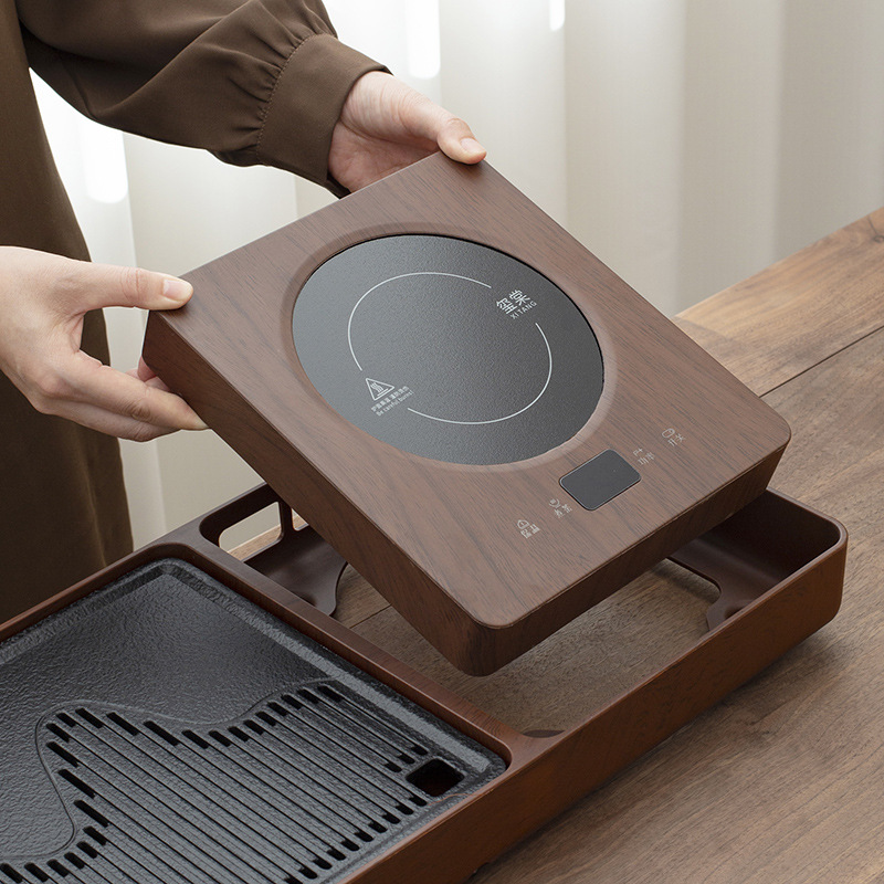 Khay trà tự động nhỏ tích hợp tự động cao cấp màu quả óc chó, máy đun trà, ấm đun nước, loại thoát nước gia đình