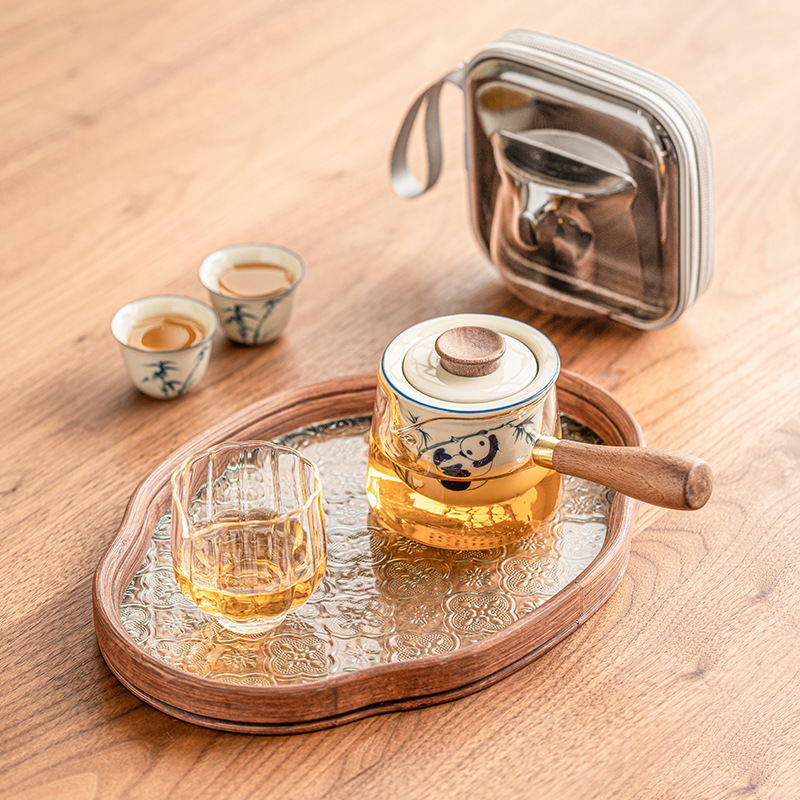 Bộ ấm trà tay cầm bên hoa cúc nhỏ vẽ tay Bộ trà khay pha trà Kung Fu gia dụng Bộ trà du lịch ngoài trời di động