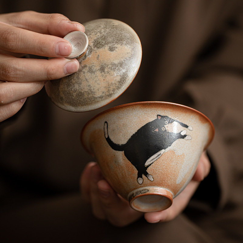 Zhiye Cat Chang Huai Có Nắp Bát Lò nung thủ công kiểu Nhật Bản Biến Gốm Sứ Cổ Điển Thứ hai Bát có Nắp Bát trà đơn nhỏ Tách trà