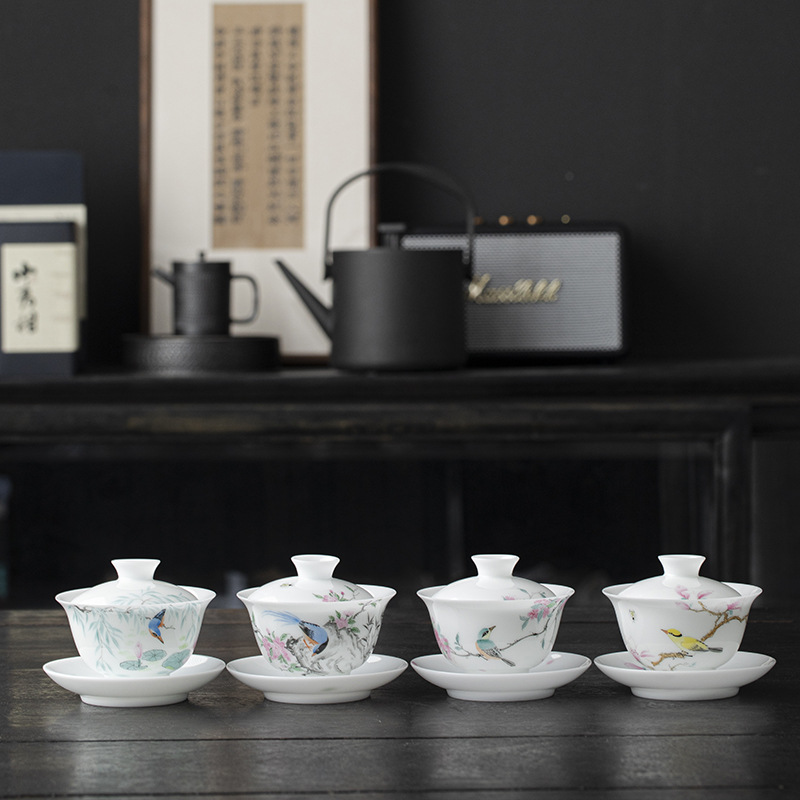 Bát có nắp hình chim hoa gốm sứ trắng ngọc bùn vẽ tay bát pha trà tam tài bát phục trà bộ trà Kung Fu phong cách Trung Quốc