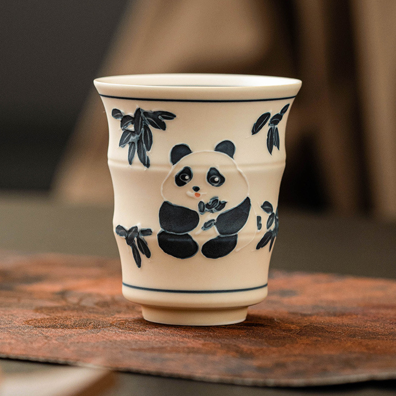 Cốc tre gấu trúc vẽ tay, tách trà, tách trà, tách trà cao cấp, bộ trà kung fu dung tích lớn không nóng tay