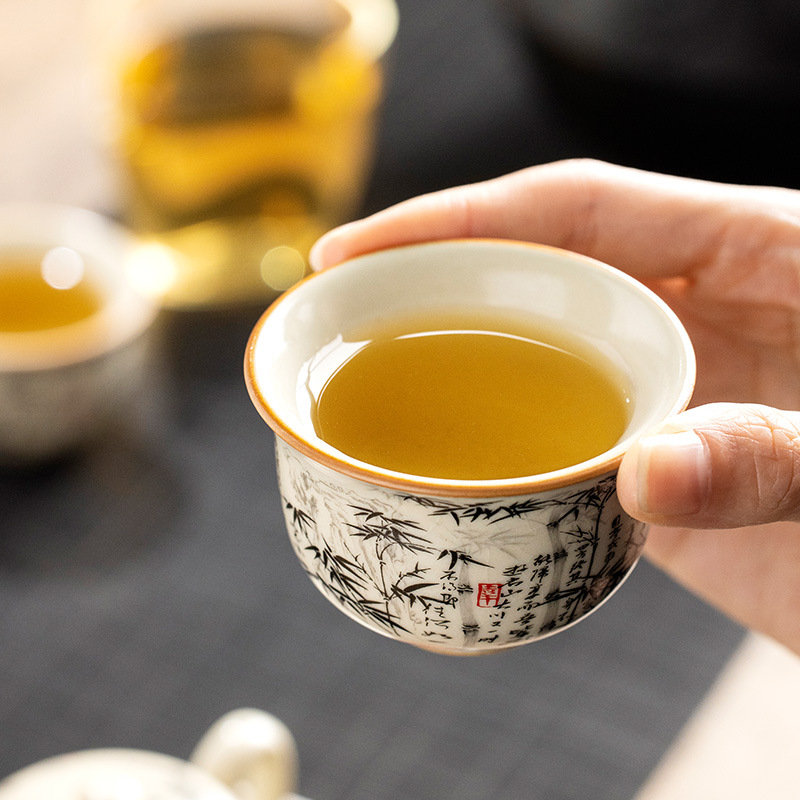 Bộ tách trà chân tròn bằng tre mực Ru Kiln cốc gia chủ cốc gốm sứ có thể nâng cốc cá nhân cốc uống trà kiểu Trung Quốc