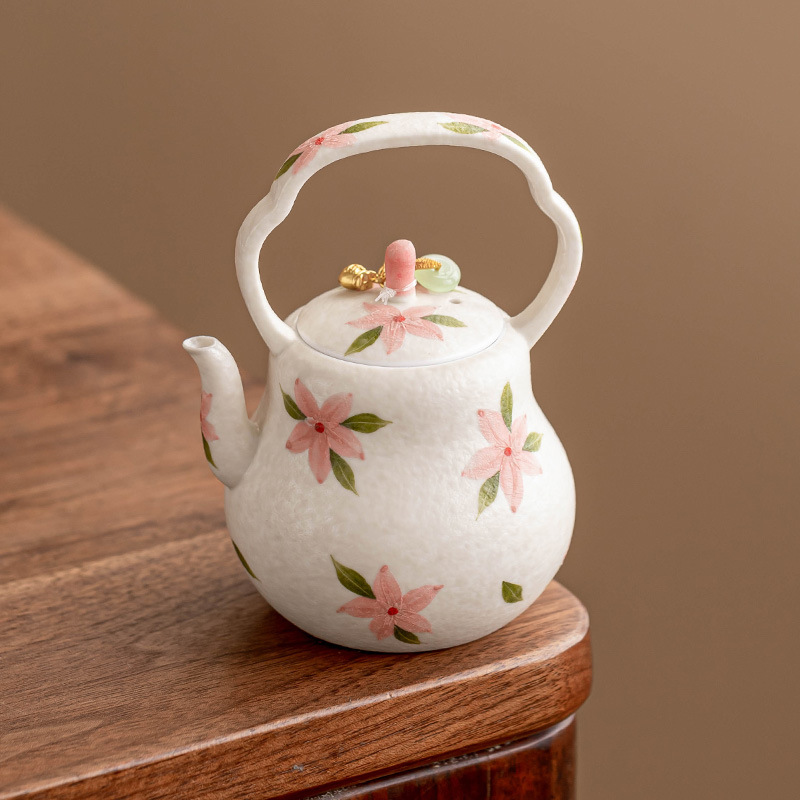 Bộ ấm trà hoa anh đào trắng đá khoáng phong cách Trung Hoa, ấm trà gốm sứ cao cấp có lưới lọc, bộ ấm trà Kung Fu cổ điển, ấm trà đơn