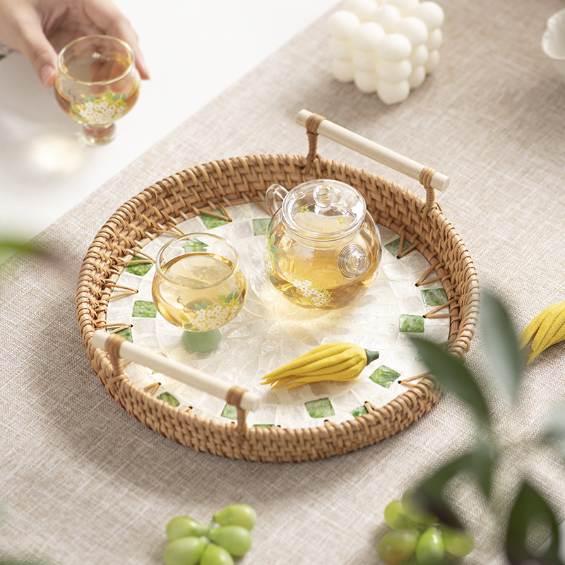 Khay mây Việt Nam, khay đựng trái cây vỏ sò, giỏ ăn sáng dệt kiểu Scandinavian, giỏ bánh mì tre, giỏ đựng đồ ăn nhẹ sáng tạo