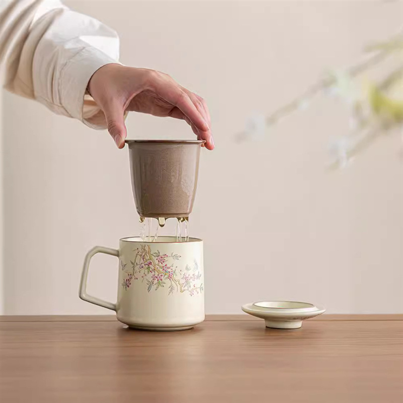 Cốc pha trà lọc gốm sứ Ru Kiln Cốc pha trà tách trà có nắp làm quà lưu niệm doanh nghiệp