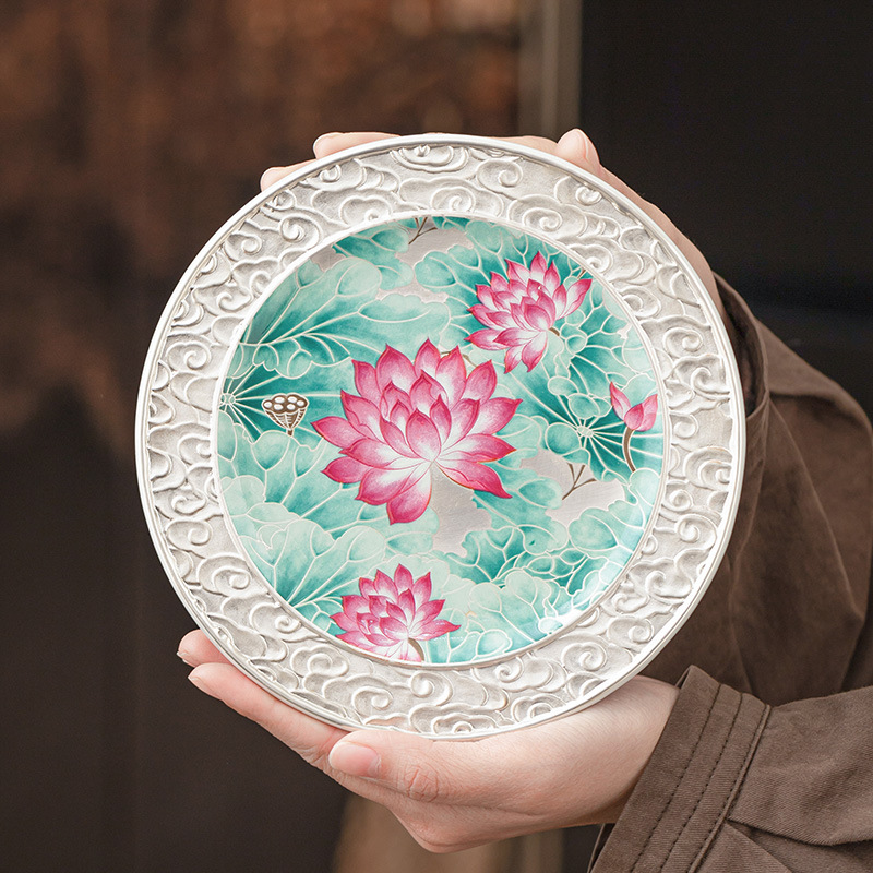 Nồi màu trăng ao sen mạ bạc 999, bàn pha khô, bát có nắp cổ điển, giá đỡ dưới cùng, phụ kiện trà đạo cao cấp, đĩa giải khát, đĩa trái cây