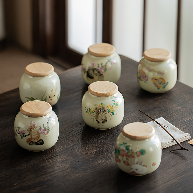 Hộp đựng trà gốm sứ hình mèo dễ thương, nhỏ gọn, tiện dụng, kín hơi, kiểu dáng sáng tạo, màu be.